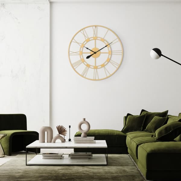 WOMO-DESIGN | Design vægur Stockholm Ø92cm rund lavet af jern i vintage stil gammelt guld med store romertal, stille urværk uden tikkende lyde