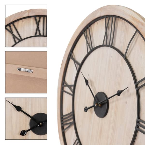 ECD Germany Suuri seinäkello Ø 76 cm kierros roomalaisilla numeroilla, koristeellinen kello MDF puu ja metalli, mäntyoptiikka, suunnittelu kello