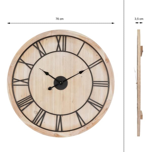 ECD Germany Suuri seinäkello Ø 76 cm kierros roomalaisilla numeroilla, koristeellinen kello MDF puu ja metalli, mäntyoptiikka, suunnittelu kello