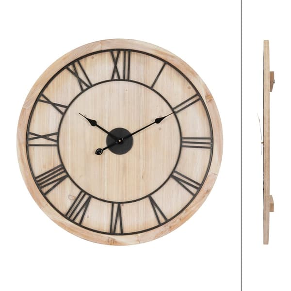 ECD Germany Suuri seinäkello Ø 76 cm kierros roomalaisilla numeroilla, koristeellinen kello MDF puu ja metalli, mäntyoptiikka, suunnittelu kello