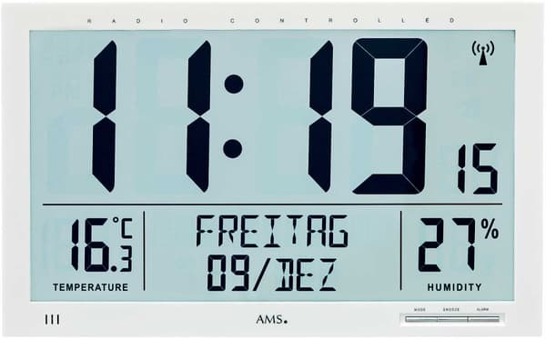 Wall Clock AMS 5887, Quartz, Grey, Digital, Modern