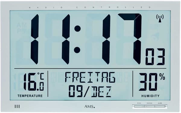 Wall Clock AMS 5888, Quartz, Grey, Digital, Modern