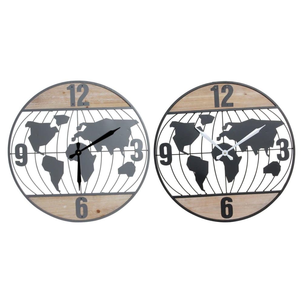 Väggklocka DKD Home Decor Järn Trä MDF Världskarta (2 pcs) (60 x 4.5 x 60 cm)