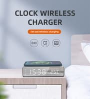 Digitalt LED vækkeur med trådløs oplader/termometer Sølv