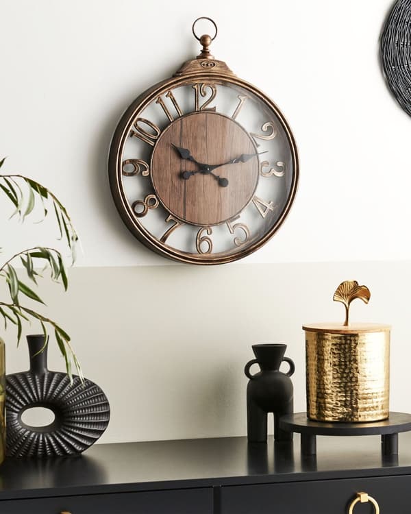Vægur Brun Glas Aluminium ø 52 cm Rund Boligindretning Dekor Træ Look Antik Stor Køkkenur Vintage Arabertal Stue Soveværelse Tilbehør
