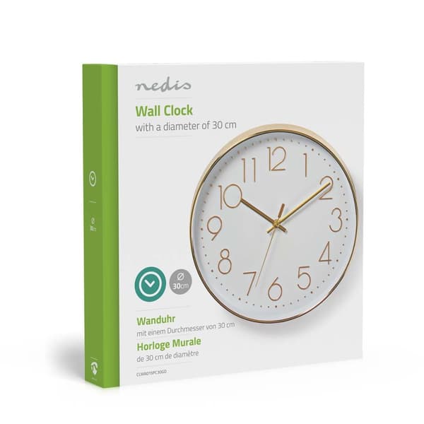 Nedis Väggklocka | Diameter: 300 mm | Plast | Guld / Vit
