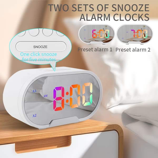 Digitalt vækkeur trinløst dæmpende snooze funktion 2 USB port spejl overflade