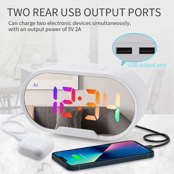 Digitalt vækkeur trinløst dæmpende snooze funktion 2 USB port spejl overflade