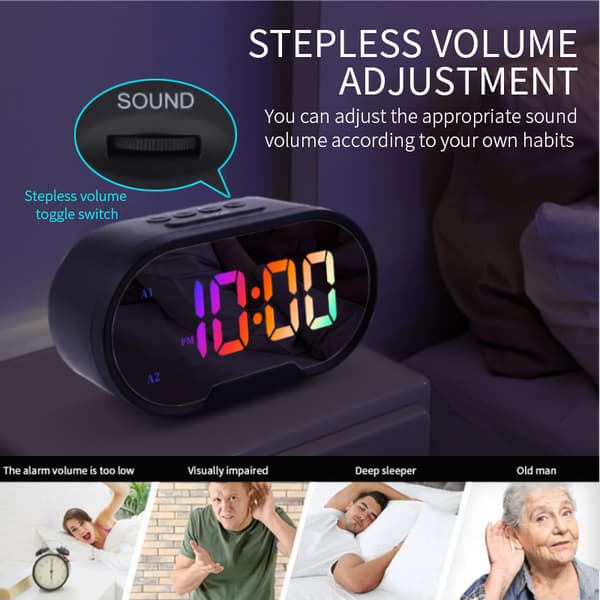 Digitalt vækkeur trinløst dæmpende snooze funktion 2 USB port spejl overflade