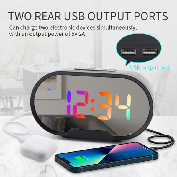 Digitalt vækkeur trinløst dæmpende snooze funktion 2 USB port spejl overflade