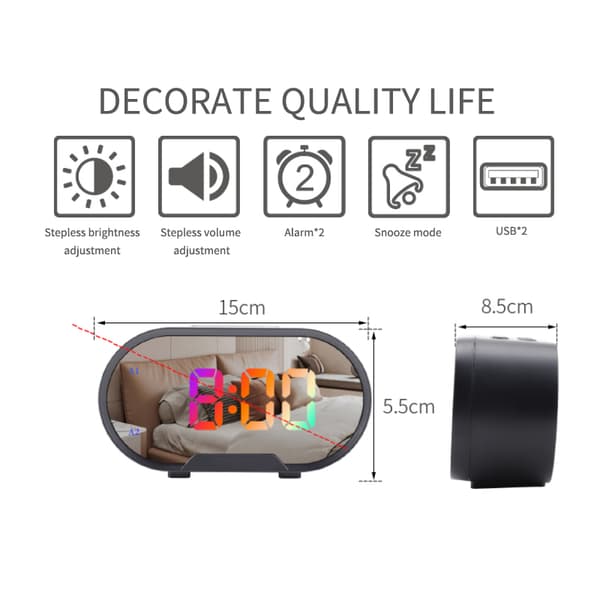Digitalt vækkeur trinløst dæmpende snooze funktion 2 USB port spejl overflade