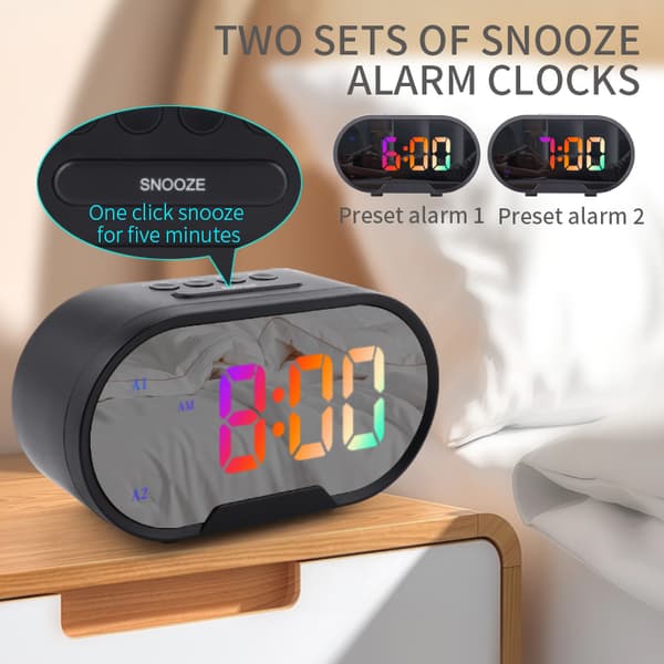 Digitalt vækkeur trinløst dæmpende snooze funktion 2 USB port spejl overflade