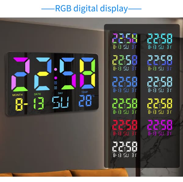 Digitaalinen kello RGB LED-näytöllä, torkkutoiminto, automaattinen valontunnistus