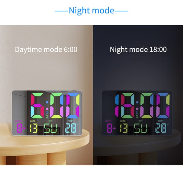 Digitaalinen kello RGB LED-näytöllä, torkkutoiminto, automaattinen valontunnistus