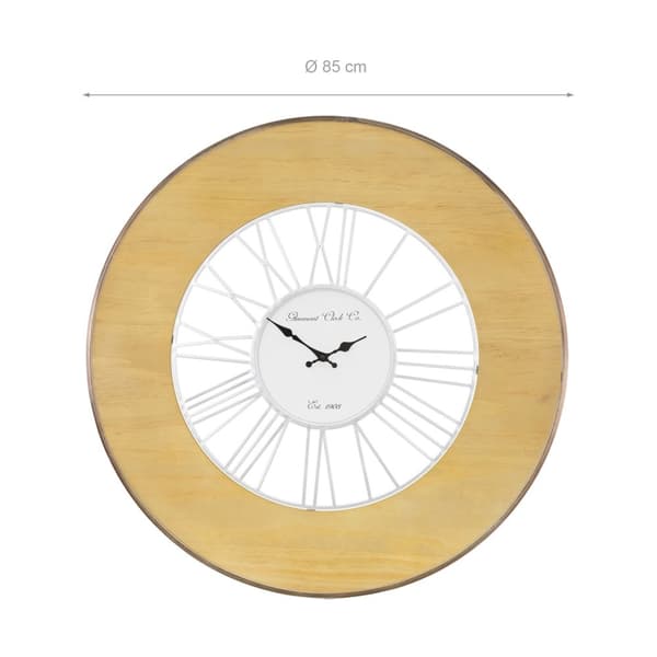 WOMO-DESIGN | XXL Suuri seinäkello Alfheim pyöreä Ø85 cm Valkoinen-Luonnonvärinen; puu-metalli; Vintage-tyyli; Retro-sisustus; Roomalaiset numerot;
