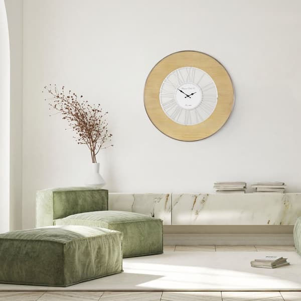 WOMO-DESIGN | XXL Suuri seinäkello Alfheim pyöreä Ø85 cm Valkoinen-Luonnonvärinen; puu-metalli; Vintage-tyyli; Retro-sisustus; Roomalaiset numerot;