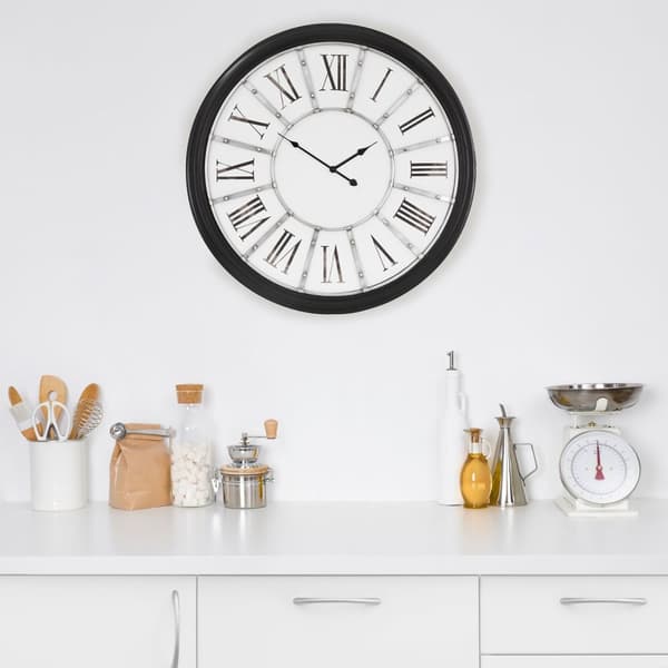 WOMO-DESIGN | XXL Suuri seinäkello Göteborg pyöreä Ø71 cm; valko-musta; puu-metalli; vintage-tyyli; retro-sisustus; roomalaiset numerot; äänetön;