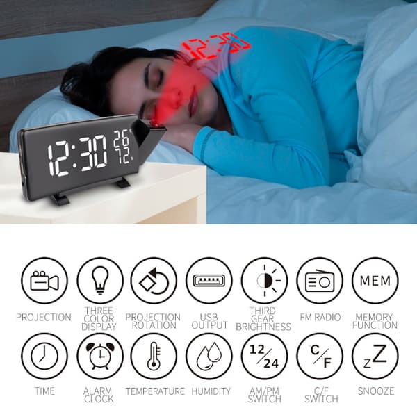 INF Multifunktionelt LED-projektion vækkeur / temperatur / fugtighed / snooze