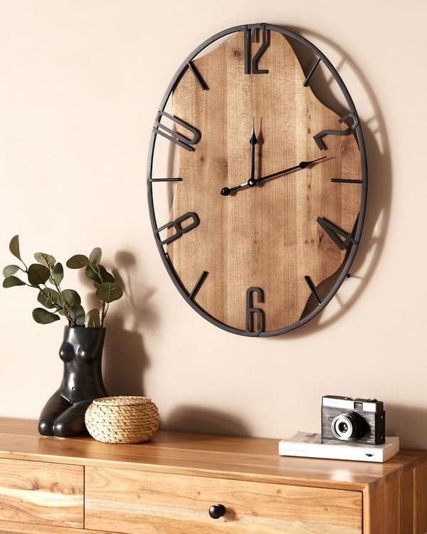 Vægur Lyst Træ Sort 46 x 60 cm Rundt Ur til Væg med Tal Moderne Væg Ur til Stuen Køkkenur Design Tilbehør Stueur