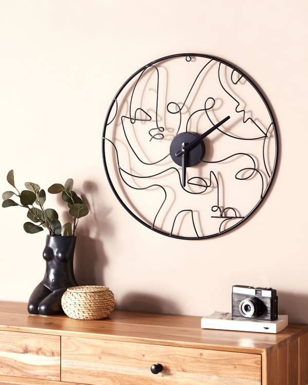 Väggklocka Svart järn Metallram ø 50 cm Dekor Abstrakt mönster Inga siffror Rund Öppen urtavla Minimalistisk