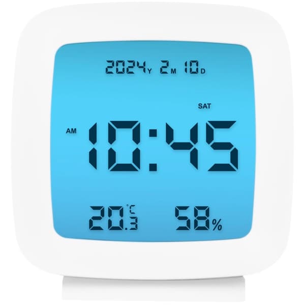 Digital vekkerklokke med dato, temp, fuktighet