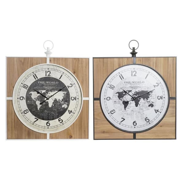 Vægur DKD Home Decor Sort Hvid Jern Vintage 60 x 4,5 x 60 cm Træ MDF Verdenskort (2 enheder)