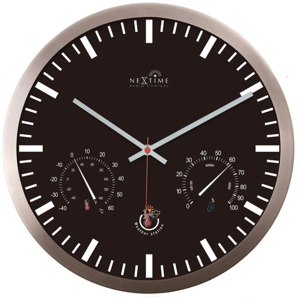 NeXtime NE-90513ZW Väggklocka + Väderstation 25cm Svart RC Aluminium