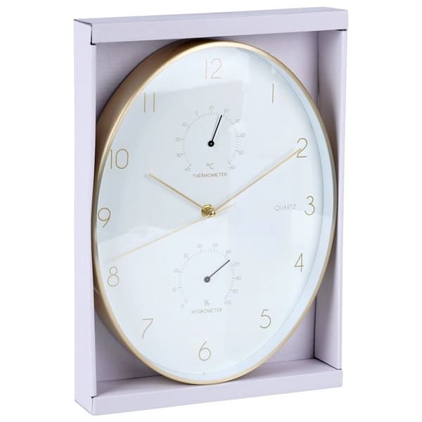 Väggklocka i vitguld med termometer och hygrometer, 27x34,5 cm