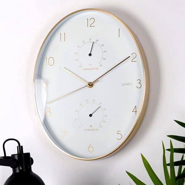 Väggklocka i vitguld med termometer och hygrometer, 27x34,5 cm