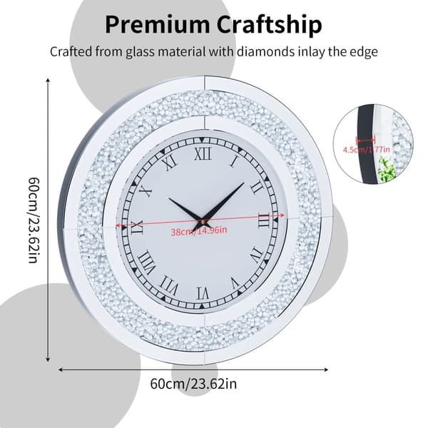 Pyöreä seinäkello, Sparkle Crush -timanttimuotoilu, paristokäyttöinen,Hopea 60CM