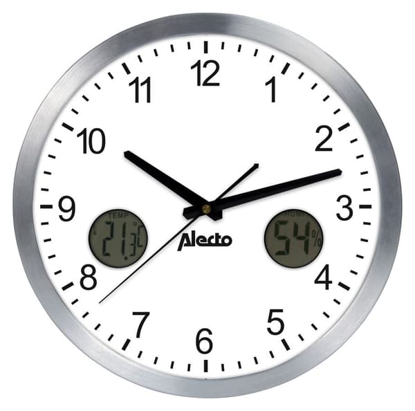 Stort analogt vægur, aluminium med termometer og hygrometer Alecto AK-15