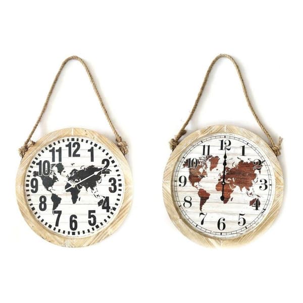 Väggklocka DKD Home Decor Svart Brun Snöre Trä MDF Världskarta (2 pcs) (50 x 4 x 50 cm)
