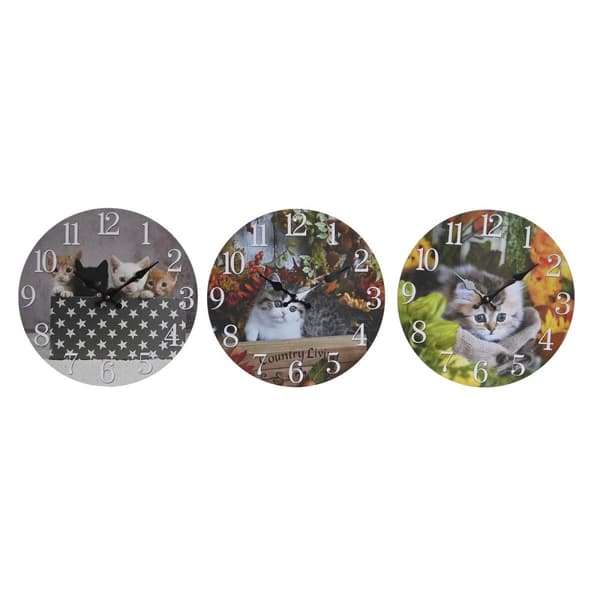 Vægur DKD Home Decor Multifarvet Katte Træ MDF (34 x 4 x 34 cm) (3 enheder)