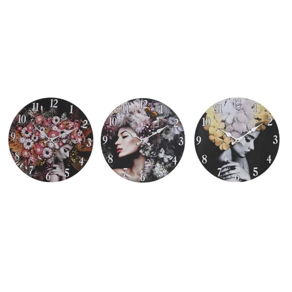 Seinäkello DKD Home Decor Musta Monivärinen Gėlės Moderni Puu MDF (34 x 4 x 34 cm) (3 osaa)