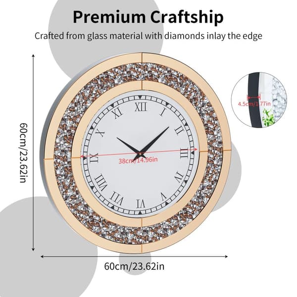 Pyöreä seinäkello, Sparkle Crush -timanttimuotoilu, paristokäyttöinen,Ruskehtava sävy 60CM