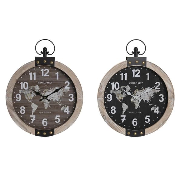 Seinäkello DKD Home Decor 40 x 6,5 x 46 cm Musta Ruskea Rauta Vintage Puu MDF Maailmankartta (2 osaa)