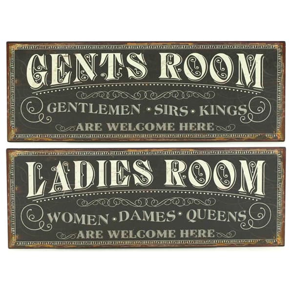 Två gammaldags shabby chic skyltar WC toalett Ladies Gents