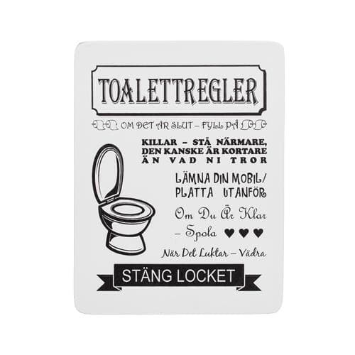 Tavla trä med texten "Toalettregler"