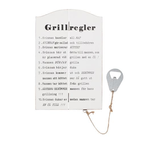 Tavla i trä "Grillregler" med öppnare