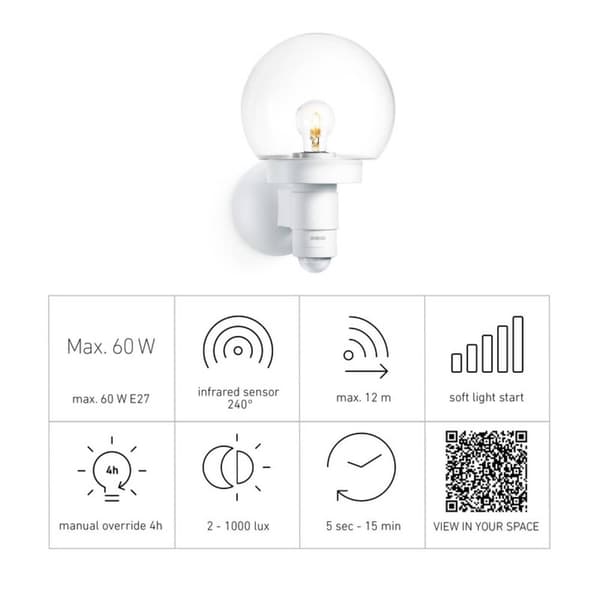 Steinel L 115 S 657413 Utomhusväggbelysning med rörelsedetektor Lågenergilampa, LED E27 60 W Vit