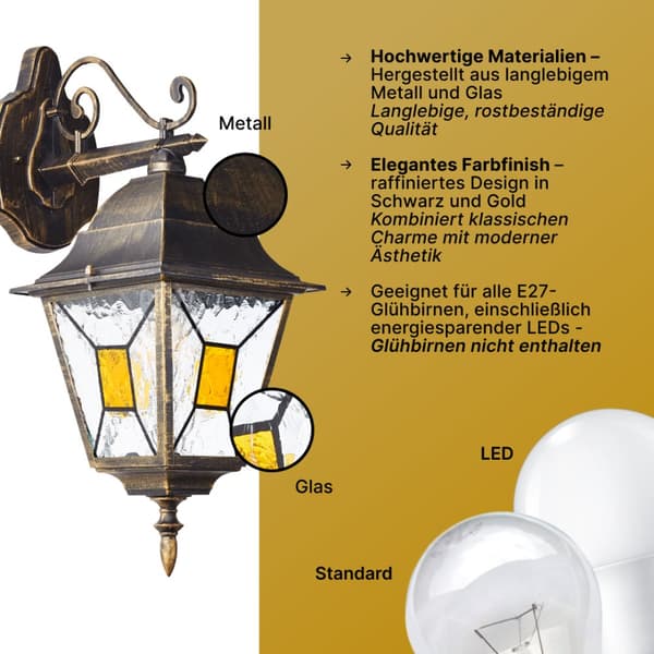 BRILLIANT lampa Janel hängande utomhus vägglampa svart guld | 1x A60, E27, 60W, lämplig för normala lampor (ingår ej)