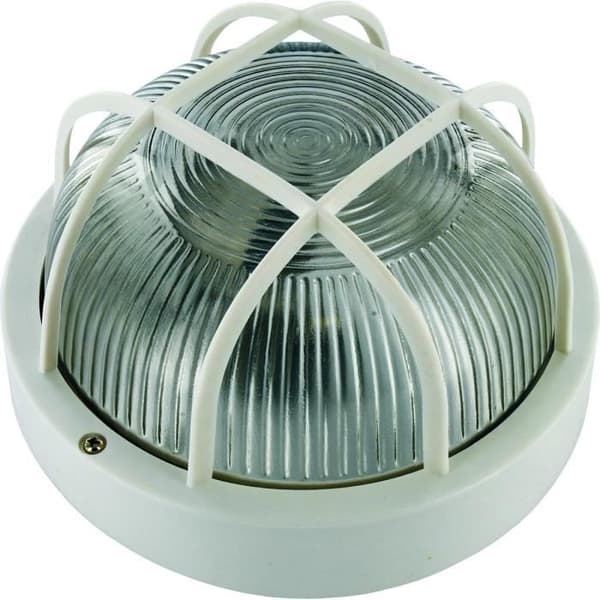 RANEX rund säkerhetsvägglampa - Vit - Glas och plast - Skyddsgaller - 1 E27 60W glödlampa - IP44 Translucent, Vit