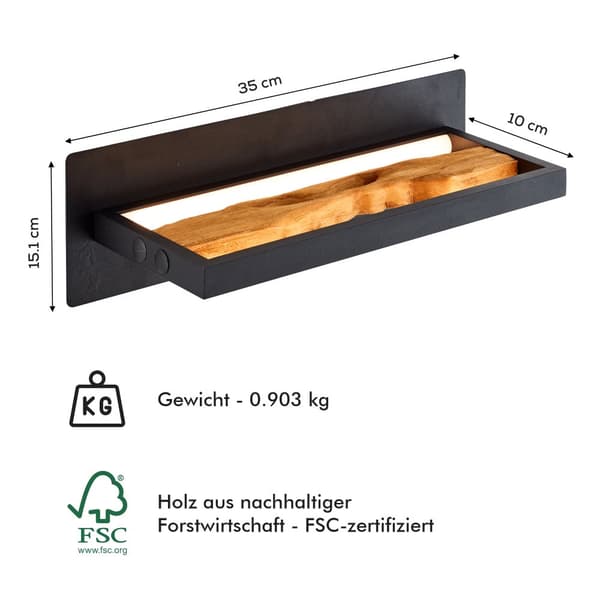 Brilliant Chaumont LED vägglampa 35cm svart/trä, aluminium/metall/trä, 1x LED integrerad, 9,5 W, (ljusflöde: 930lm, ljusfärg: 3000K)