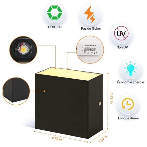 Inomhusapplikationer - TYRESES - 4 st LED-vägglampa - 3 färgtemperaturer - 12W - Svart