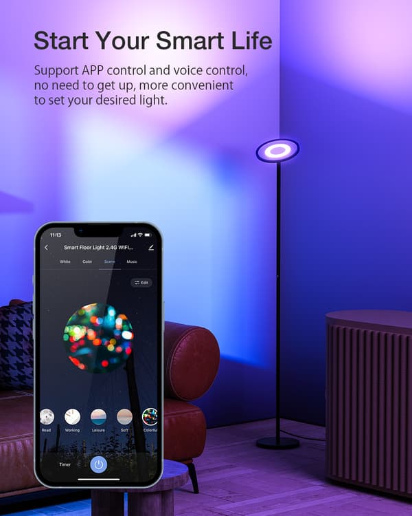 BWL-FL-0002 25W 2700K~6500K+RGB Smart gulvlampe Trinløs dæmpning op til 2000LM APP Styring Stemmestyring virker med Google Assistant Alexa AC100-240V
