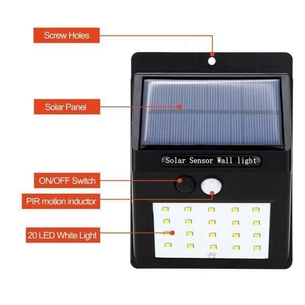 Trädgårdssolar vägglampa 20LED PIR rörelsesensor + ljus IP65 L25100