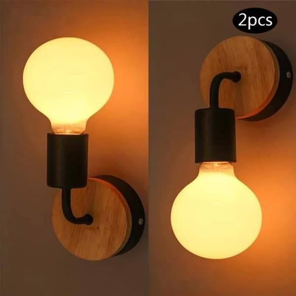 Set med 2 retro vägglampor i trä svart E27 vägglampa