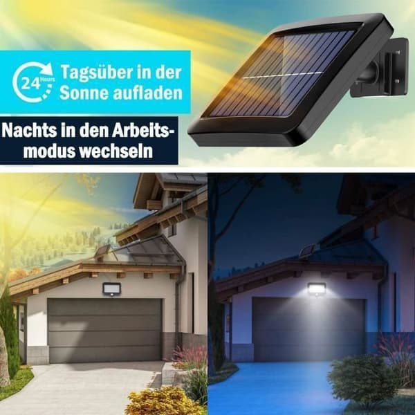 LED Solar Vägglampa med rörelsesensor för trädgård - 56 lysdioder - 12W - Vattentät - Svart
