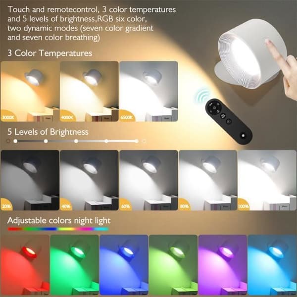 Inomhus LED-vägglampa med varmt/naturligt/vitt ljus, 3 ljusstyrkanivåer, 360 rotationspekkontroll, vit