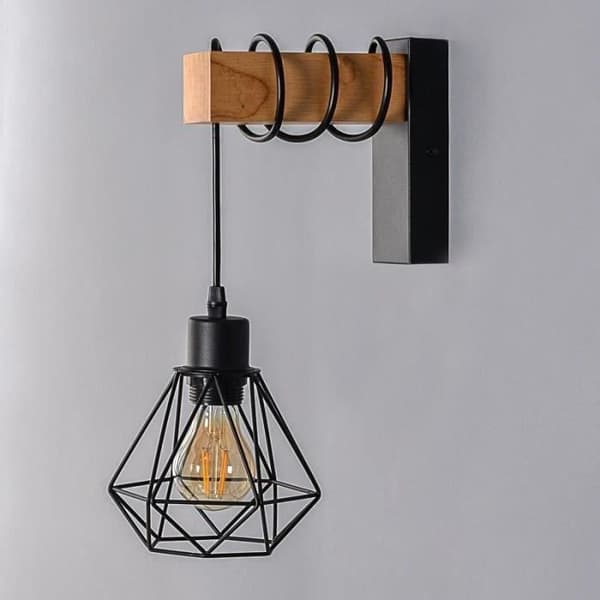 Vintage industriell vägglampa 'RODEN' - Massivt trä och aluminium - Svart